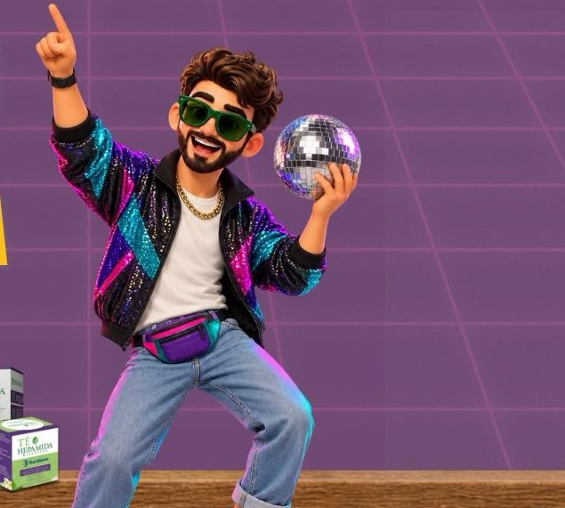 Personaje de Hepamida festejando la Noche de la Nostalgia con una bola de espejos